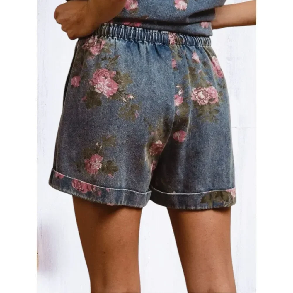 BiBi Floral Denim Short High Rise Drawstring Pink Rose Print Relaxed Fit Pockets - Picture 4 of 12